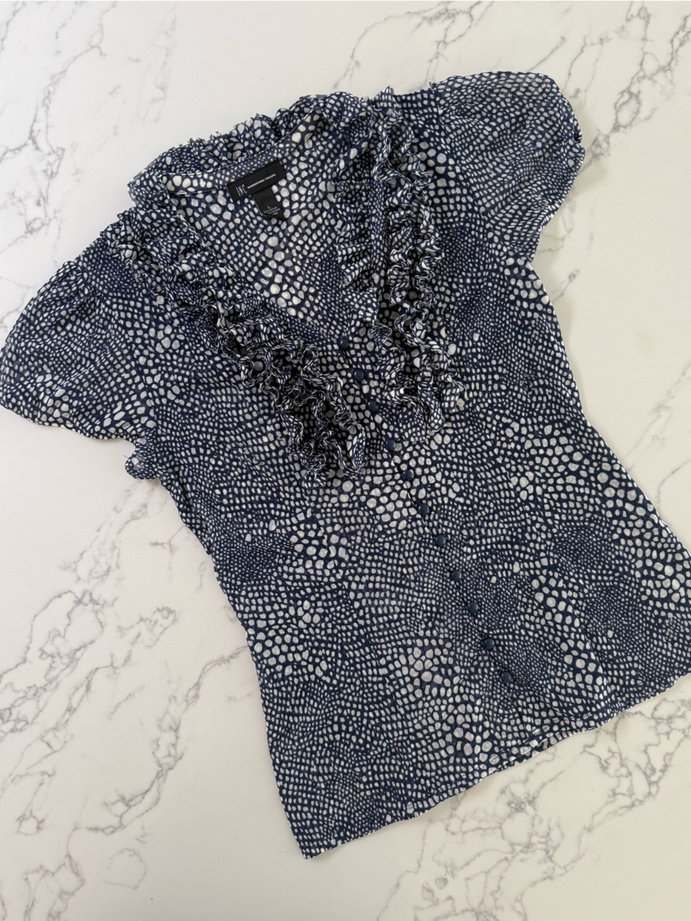 INC International Concepts Printed Ruffle Blouse - Navy/White - Size Large